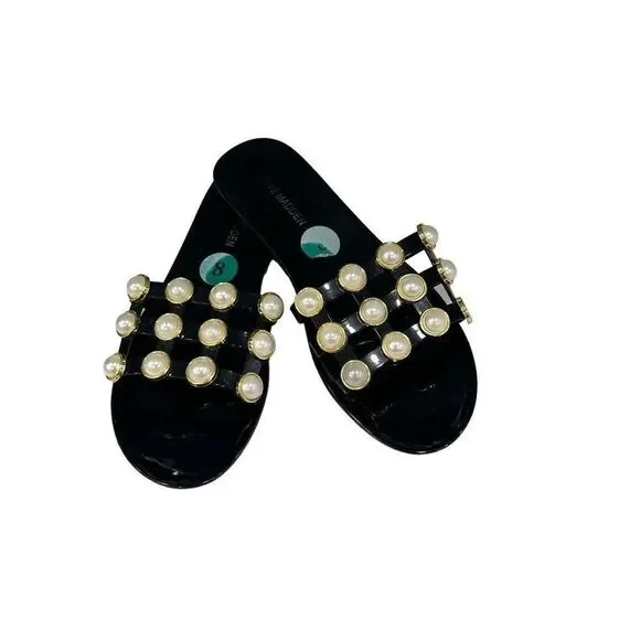 Steve Madden Size 8 Black Jelly Slide Sandals with White Pearl Accents - Picture 6 of 7